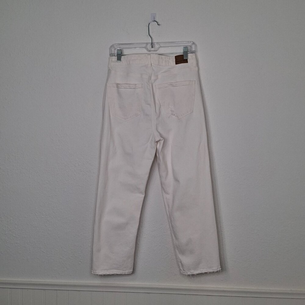 American Eagle Mom Straight Jean Sz 8 X-Short 5 Pocket Distressed Neutral Boho - Picture 7 of 16